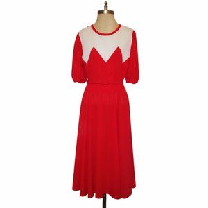 Vtg 70s Puff Sleeve Pleated Top Waist Tie Dress 16